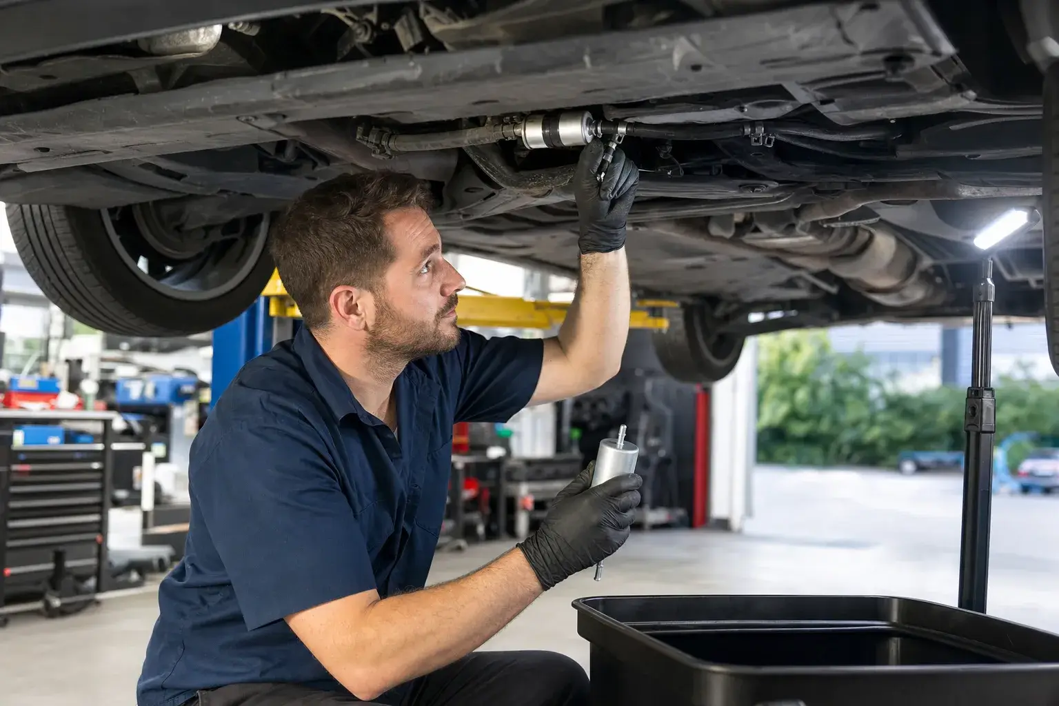 Mechanic replacing a fuel filter under a lifted car. Southwest Muffler & Brake, Stafford and Houston.